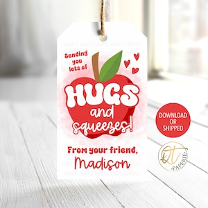 Valentines Day Applesauce Pouch Tag, Valentines Classroom Gift Tag, Apple Pouch Tag, Hugs and Squeezes, Healthy Kid Valentine's Day Gift