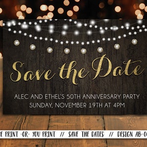 Rustic Save the Dates, Rustic Anniversary Save the Date, 50 Anniversary Save Date, Golden Anniversary Save the Date, Bokeh Lights Save Date