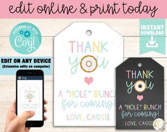 Donut Thank You Tag Editable, Donut Birthday Favor Tag, Instant Download Donut Tag, Donut Party Tag, Editable Donut Thank You Tag