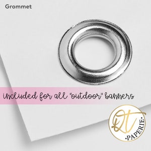 May include: Close-up of a silver grommet, included for all "outdoor" banners. The text "QT Paperie" is visible in the lower right corner.