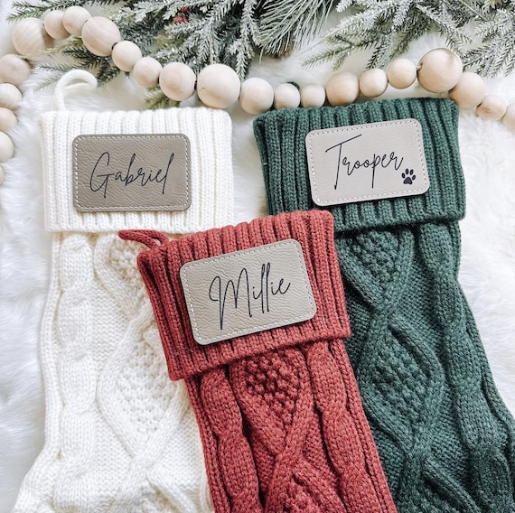 Personalized Christmas Stockings, Custom Cable Knit Stocking with Name, Leather Patch Name Stockings, Laser Engraved Dog Christmas Knit Sock
