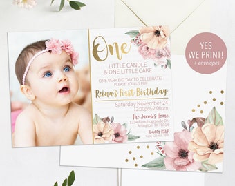 1st Birthday Invitation, Floral 1st Birthday, Girl 1st Birthday Invitation, One little Candle Birthday, Gold Pink Birthday, First Bday