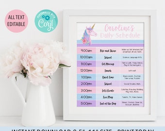 Unicorn Home School Daily Schedule, Unicorn Daily Routine Schedule stampabile, Ragazze Daily School Chart, Unicotable Unicorno Casascuola Programma