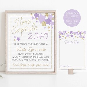 Capsule de temps étoile violette, décoration de premier anniversaire d'étoile, fournitures de 1er anniversaire Twinkle Twinkle Little Star, cartes de signe de capsule de temps imprimées