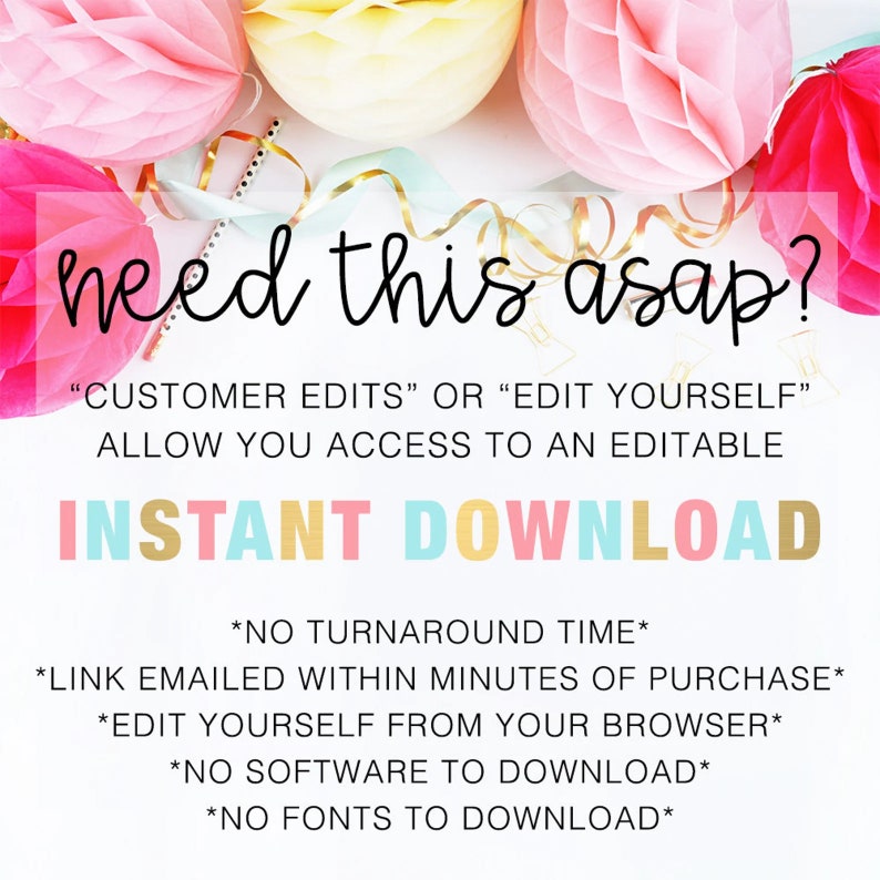 May include: A promotional image with text that reads "Need this ASAP?" and "Instant Download." The image features pink, yellow, and white honeycomb paper decorations, gold ribbon, and text in various colors.
