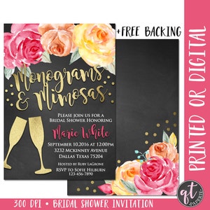 May include: A black and gold bridal shower invitation with a floral design. The invitation reads "Monograms & Mimosas" and includes the text "Please join us for a bridal shower honoring Marie White".