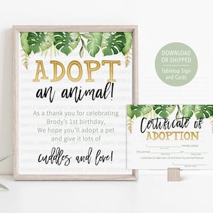 Adopt an Animal Sign, Jungle Adoption Certificate, Wild Birthday, Safari Animal Adoption, Stuffed Animal Adoption, Safari Birthday Decor