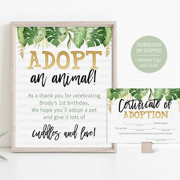 Adopt an Animal Sign, Jungle Adoption Certificate, Wild Birthday, Safari Animal Adoption, Stuffed Animal Adoption, Safari Birthday Decor