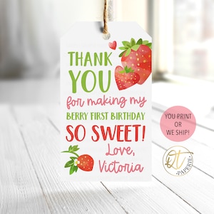 Étiquette de remerciement d'anniversaire aux fraises, étiquette de premier anniversaire de baies, étiquette de fraise, imprimé de remerciement aux fraises, étiquette de cadeau de fête aux fraises