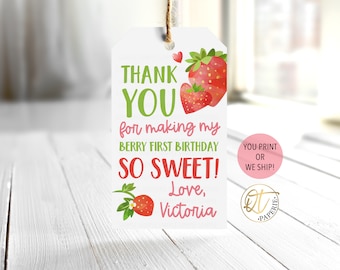 Strawberry Birthday Thank You Tag, Berry First Birthday Tag, Strawberry Tag, Printed Strawberry Thank You, Strawberry Party Favor Tag