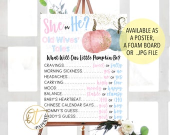 Pumpkin Gender Reveal Sign, Printed Pumpkin Old Wives Tales Poster, He She Pumpkin Sign, Fall Gender Reveal Board, Glitter Pumpkin Reveal