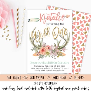 May include: A printable invitation for a first birthday party with a woodland theme. The invitation features a floral wreath with antlers, a gold glitter "Wild One" text, and the name "Natalie".