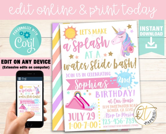 Unicorn Water Slide Invitation Template Unicorn Slip Slide Etsy
