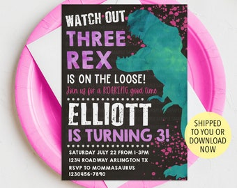 Girl Three Rex Birthday Invitation, Girl Dinosaur Birthday Invite, 3rd Birthday Invitation, T Rex Invitation, Editable Dinosaur Invitation