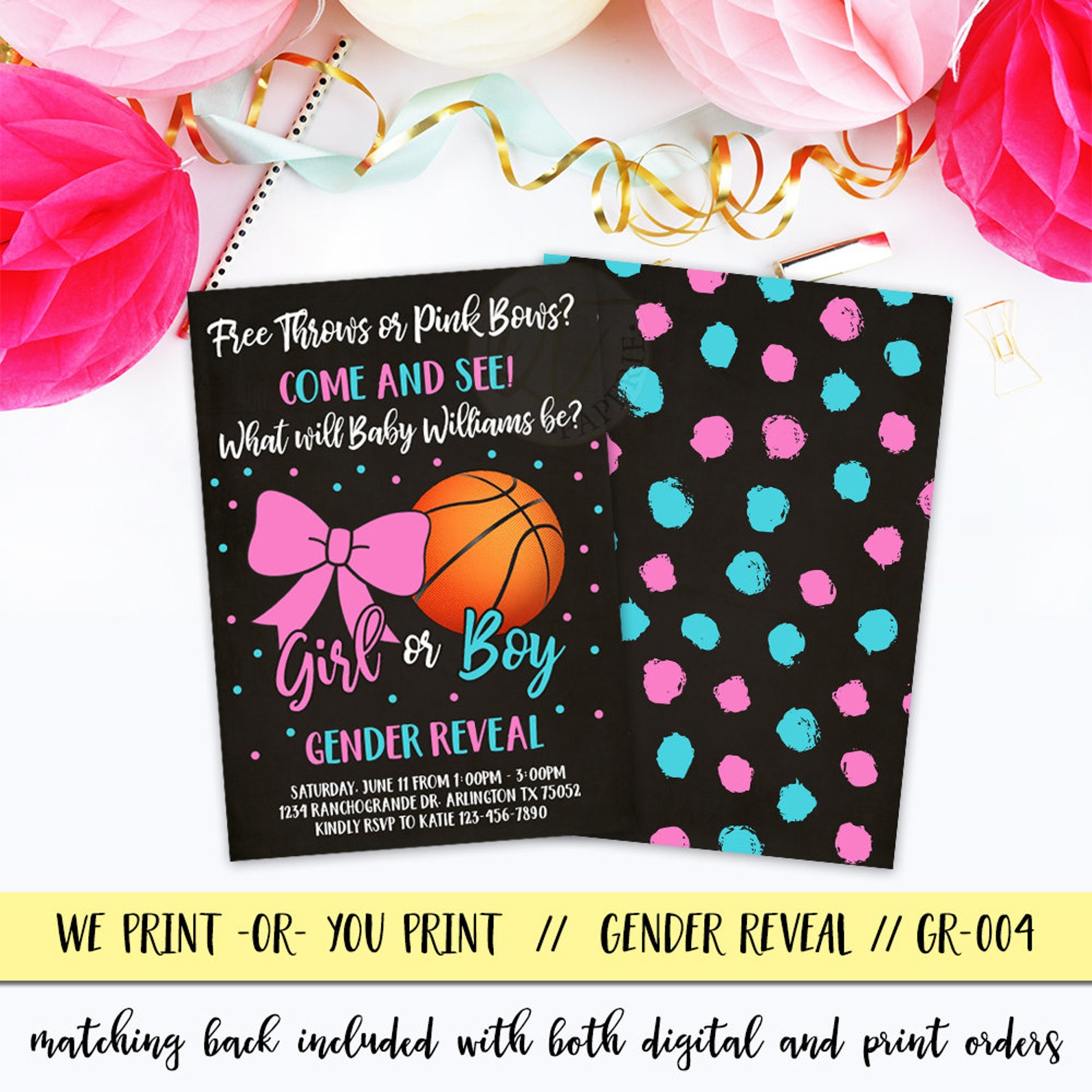 Basketball Gender Reveal Invitation Free Throws Pink Bows Etsy