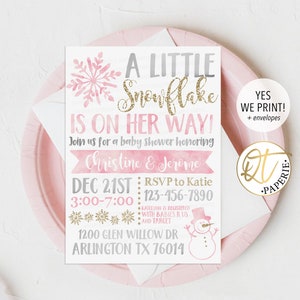 Little Snowflake Baby Shower Invitation, Gold Winter Baby Shower Invite, Winter Wonderland Baby Shower Invitation, Snowflake On the Way Baby