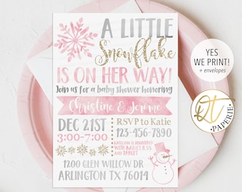 Little Snowflake Baby Shower Invitation, Gold Winter Baby Shower Invite, Winter Wonderland Baby Shower Invitation, Snowflake On the Way Baby