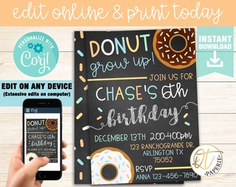 Bearbeitbare Donut wachsen auf Einladung, junge Donut einladen, Donut Einladung, junge Donut Geburtstagseinladung, Donut Geburtstag einladen, Donut Party