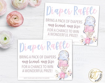 May include: Two pink and blue printable diaper raffle cards with a watercolour ice cream cone design. The text on the cards reads "Diaper Raffle" and "Bring a pack of diapers any brand, any size for a chance to win a wonderful prize!"