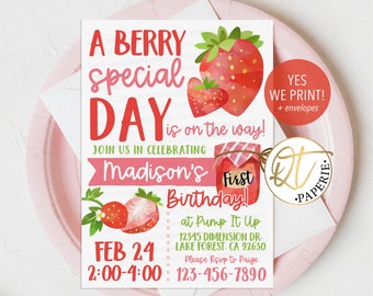 Strawberry Birthday Invitation, Berry Sweet, Berry First Invitation, Strawberry 1st Birthday Invite, Editable Berry 1st Birthday