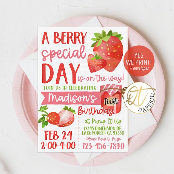 Strawberry Birthday Invitation, Berry Sweet, Berry First Invitation, Strawberry 1st Birthday Invite, Editable Berry 1st Birthday