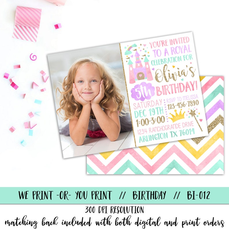 May include: A printable invitation for a 5th birthday party. The invitation features a pink castle with a rainbow and clouds, a crown, a magic wand, and glitter. The text reads "You're invited to a royal celebration for Olivia's 5th birthday!" with details for the party, including the date, time, and RSVP information.