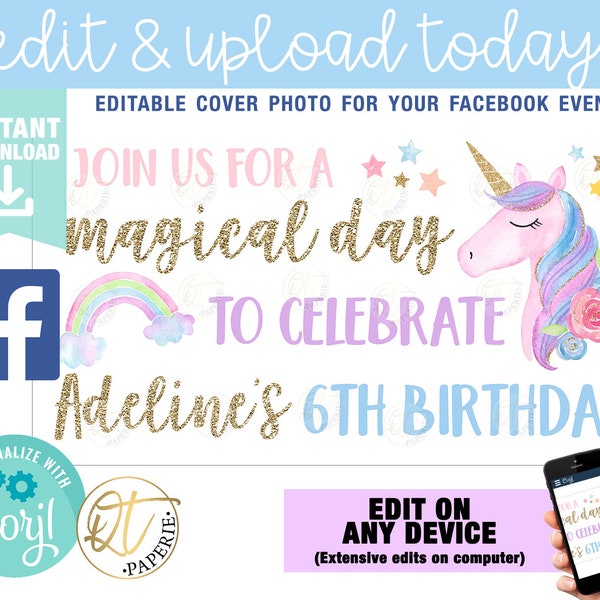 Unicorn Birthday Facebook Cover, Facebook Event Cover, Unicorn Facebook Cover Picture, Facebook Unicorn Birthday Cover, Unicorn Party