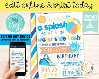 Waterslide Birthday Invitation Template, Water Slide Invitation Instant Download, Waterslide Party Invitation, Water Slide Invite