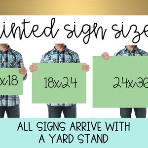 May include: Three people hold up printed signs in different sizes: 12x18 inches, 18x24 inches, and 24x36 inches. The signs are green and have black text. The text below the signs reads "ALL SIGNS ARRIVE WITH A YARD STAND".