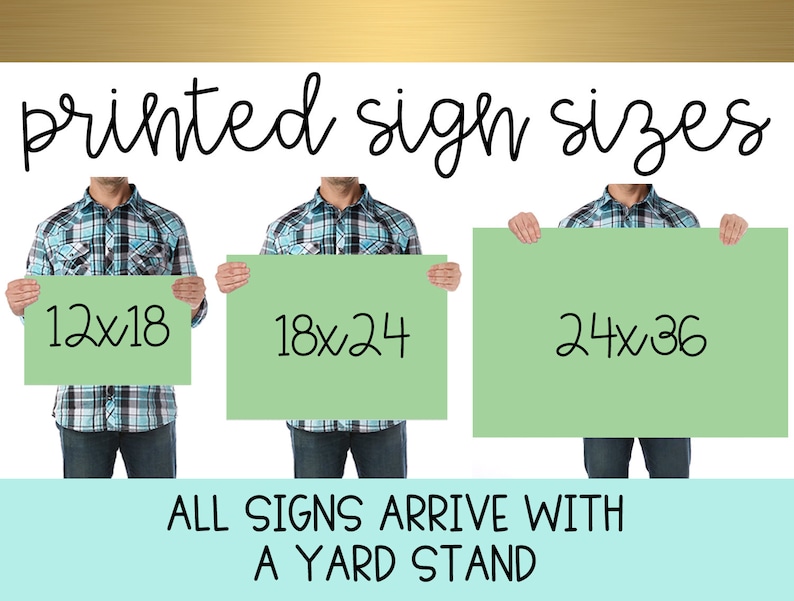 May include: Three people hold up printed signs in different sizes: 12x18 inches, 18x24 inches, and 24x36 inches. The signs are green and have black text. The text below the signs reads "ALL SIGNS ARRIVE WITH A YARD STAND".