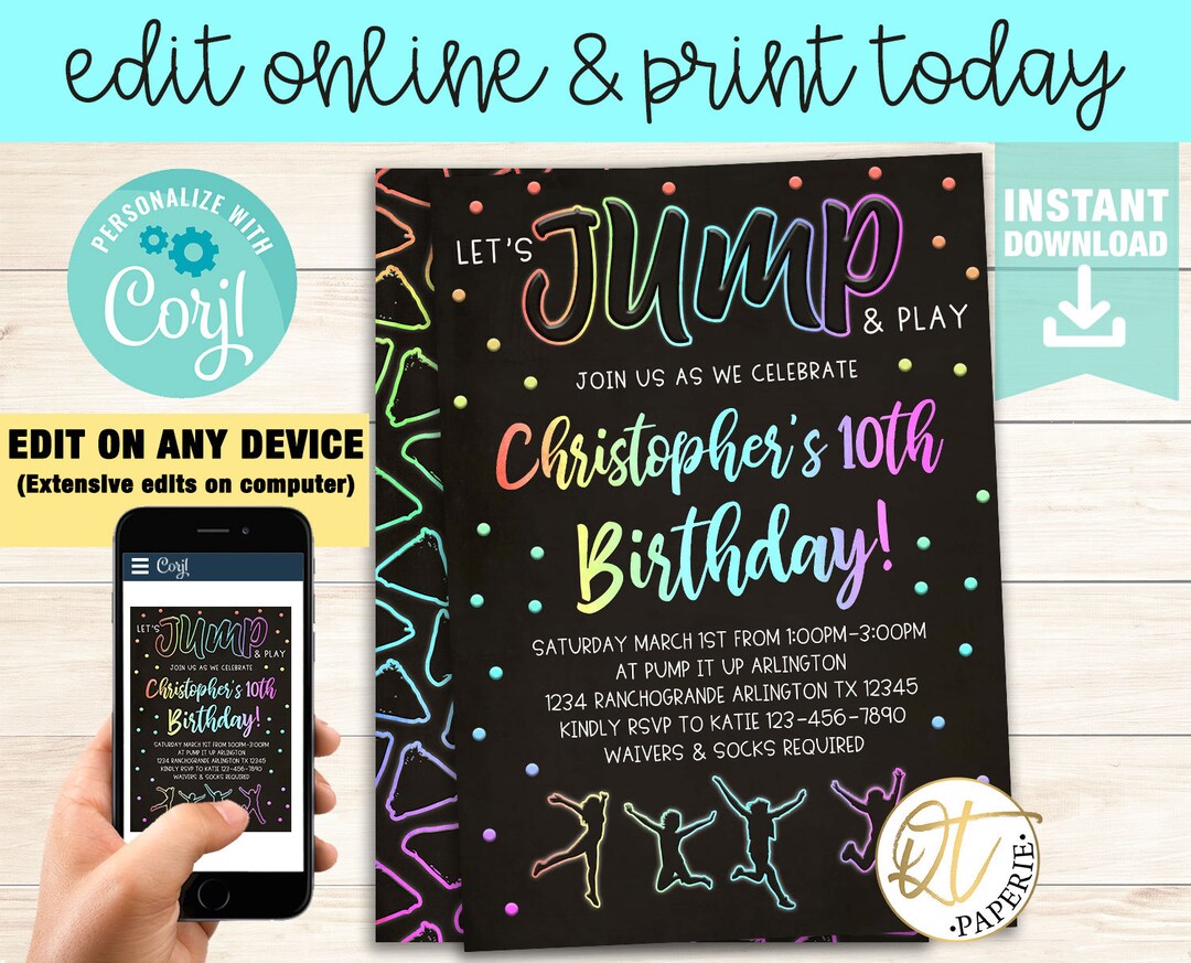 Jump Birthday Invitation, Neon Jump Invitation, Glow in the Dark Party ...