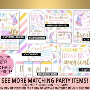 May include: A set of 7 unicorn-themed party decorations for a first birthday. The set includes a 13x18 cm invitation, a 10x15 cm thank you card, a 5x9 cm favour tag, a name game sign, a table sign, a yard sign and a basic birthday banner. The decorations feature a unicorn with a rainbow, stars, and glitter. The colours are pink, purple, blue, yellow, and gold.