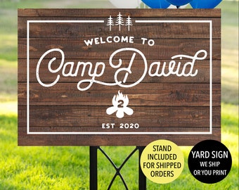 Camp Birthday Sign, Camp Welcome Sign, Outdoor Party Welcome Sign, Happy Camper Sign, Camp Party Sign, Faux Wood Camp Sign, Campfire Sign