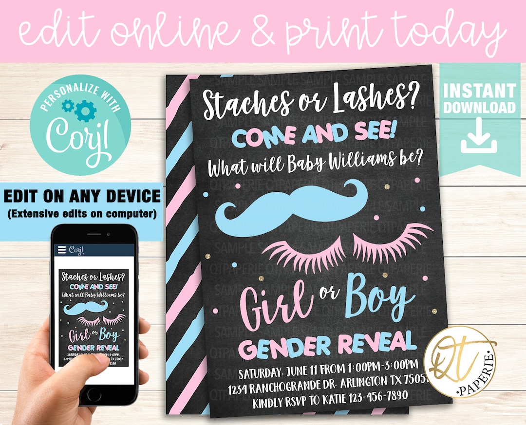 Staches Lashes Gender Reveal Invitation Instant Download, Lady