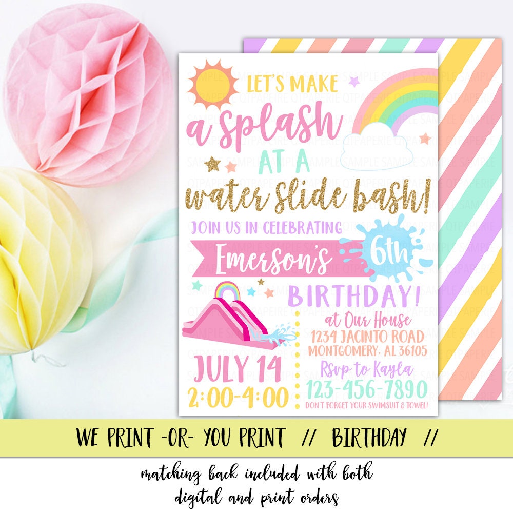 Rainbow Water Slide Invitation, Rainbow Slip & Slide Invitation, Water Slide Rainbow Birthday, Waterslide Party, Water Slide Invite