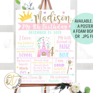 May include: A pink and blue birthday sign with a castle graphic and the text "Madison My 4th Birthday December 13, 2019". The sign also includes details about Madison's favorite things, including her favorite color, book, song, and foods.
