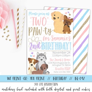 Girl Dog Birthday Invitation, Puppy Invitation, Dog Invitation, Puppy Party Invitation, 2nd Birthday Pawty Invitation, Puppy Birthday