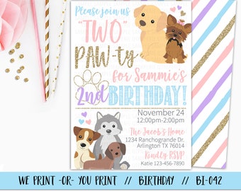 Girl Dog Birthday Invitation, Puppy Invitation, Dog Invitation, Puppy Party Invitation, 2nd Birthday Pawty Invitation, Puppy Birthday