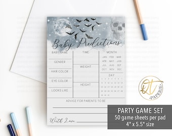 May include: A printable baby shower game with a spooky theme. The game sheet features a blue and grey watercolour background with bats, stars, and a skull. The game asks guests to predict the baby's name, gender, weight, hair colour, eye colour, height, and what the baby will look like. The game sheet also includes a calendar for guests to predict the baby's birth date. The game sheet is 4 inches by 5.5 inches and comes in a set of 50 sheets.