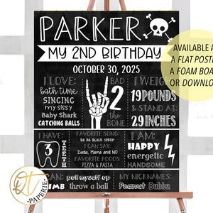 May include: Black and white chalkboard style birthday sign with the name Parker and the text "My 2nd Birthday" with the date October 30, 2025. The sign lists Parker's age, weight, height, favorite things, and nicknames.