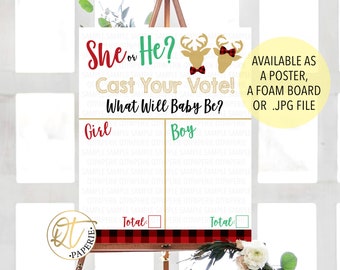 Christmas Gender Voting Sign, Christmas Reveal, Reindeer Gender Reveal Party, Christmas Gender Reveal, Buffalo Plaid Gender Vote Poster