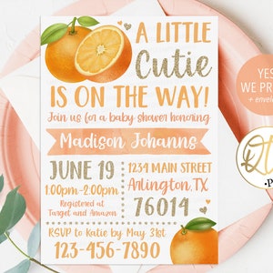 Little Cutie Baby Shower Invitation, Cutie Orange Baby Shower, Glitter Orange Baby Shower Invite, Citrus Baby Shower, Clementine Theme