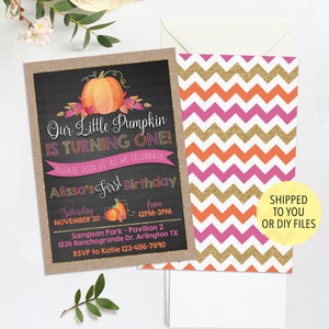 Our Little Pumpkin is Turning One Invitation, Girl Pumpkin Invitation, Fall Birthday Invitation, Pumpkin First Birthday, Pumpkin 1st image 1