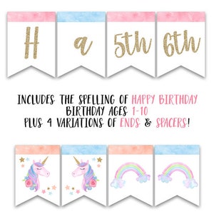 Puede incluir: Banner de cumplea&ntilde;os de unicornio imprimible con acentos rosa, azul y dorado. El banner incluye las letras "Feliz cumplea&ntilde;os" y los n&uacute;meros del 1 al 10. Tambi&eacute;n incluye cuatro variaciones de extremos y espaciadores.