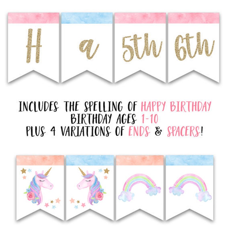 Puede incluir: Banner de cumplea&ntilde;os de unicornio imprimible con acentos rosa, azul y dorado. El banner incluye las letras "Feliz cumplea&ntilde;os" y los n&uacute;meros del 1 al 10. Tambi&eacute;n incluye cuatro variaciones de extremos y espaciadores.