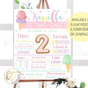 Two Sweet Birthday Milestone Board | 2nd Birthday Poster or Foam Board | Ice Cream Party Sign | Printable or Shipped Keepsake Chart