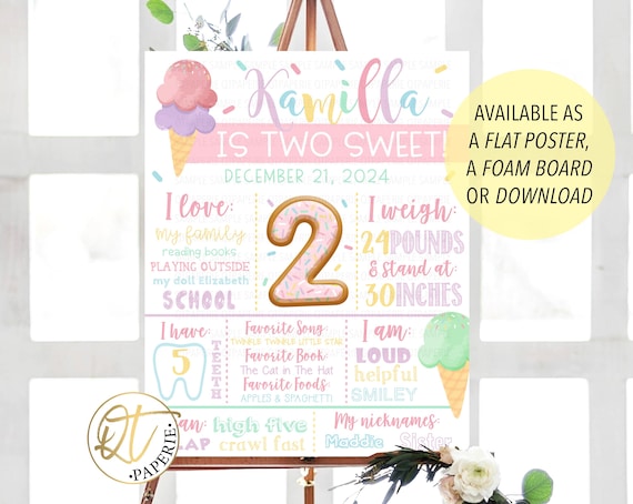 Two Sweet Birthday Milestone Board | 2nd Birthday Poster or Foam Board | Ice Cream Party Sign | Printable or Shipped Keepsake Chart