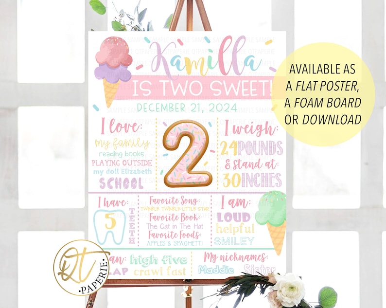 May include: A vibrant birthday poster with the text "Kamilla is Two Sweet!" features an ice cream cone graphic and a donut-shaped number 2. The poster includes details about the child's weight, height (76 cm), and favorite things.