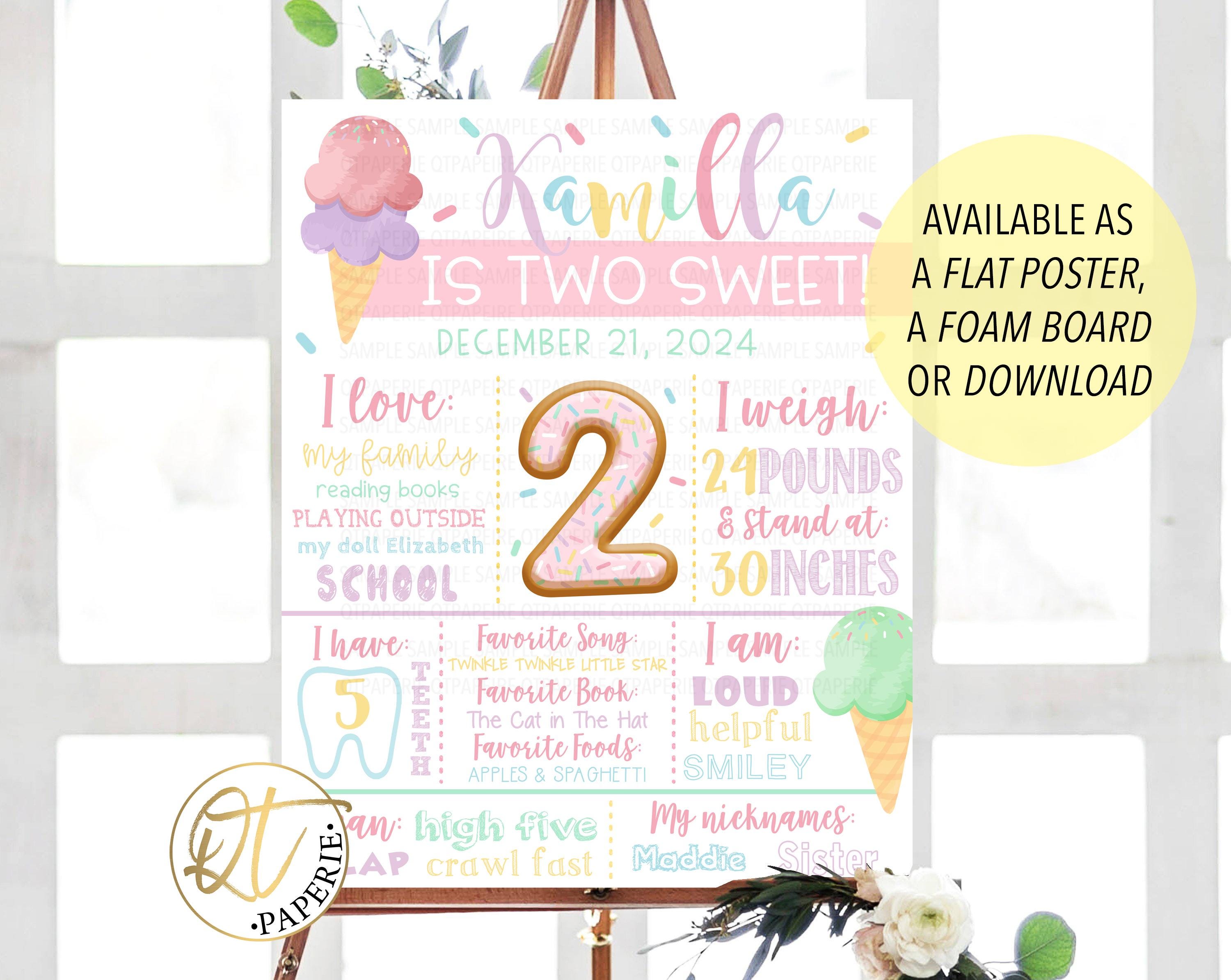 Two Sweet Birthday Milestone Board | 2nd Birthday Poster or Foam Board | Ice Cream Party Sign | Printable or Shipped Keepsake Chart