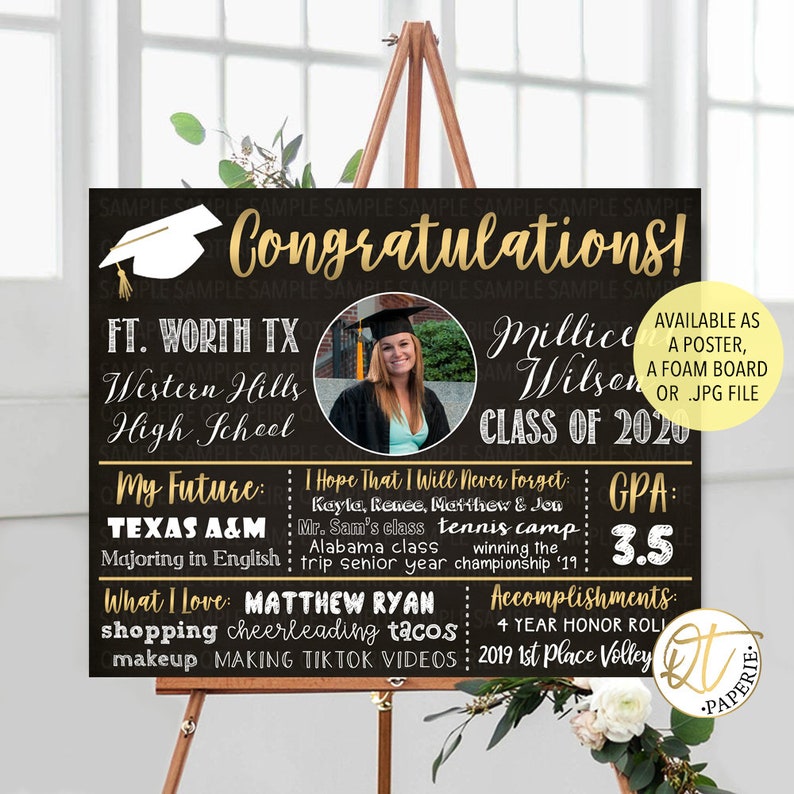 Personalized Graduation Sign, Class of 2020 Sign, High School Graduation Facts Sign, Graduation Party Sign, Graduation Chalkboard Sign image 1
